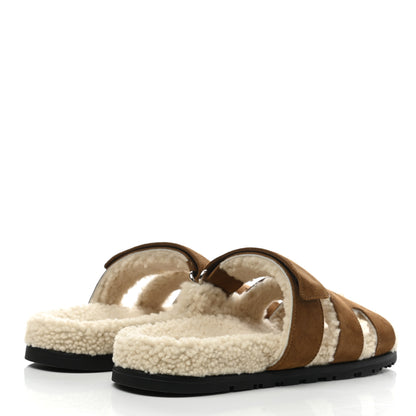 Hermes Suede Goatskin Woolskin Womens Chypre Sandals 40 Brun Fume Ecru 4 of 8