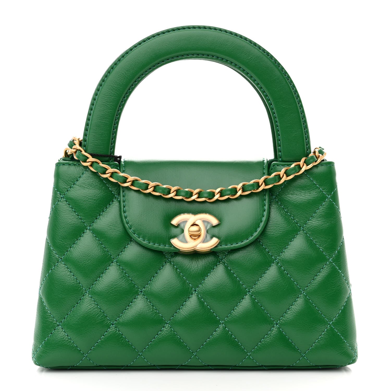 Chanel Shiny Aged Calfskin Quilted Nano Kelly Shopper Green