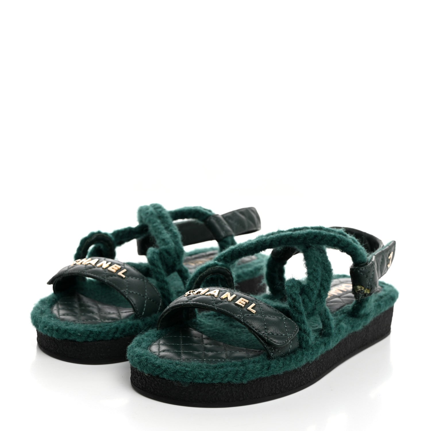 Chanel Cord Lambskin Quilted Logo Sandals 38 Green 3 of 8