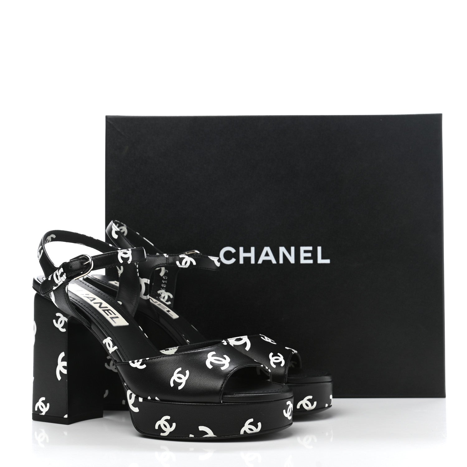 Chanel Printed Lambskin Coco Beach Platform Sandals 37 Black White 9 of 9
