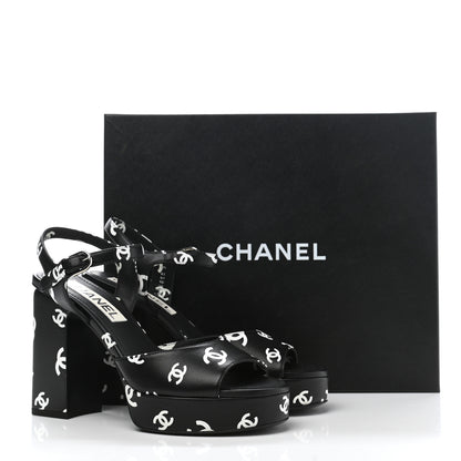 Chanel Printed Lambskin Coco Beach Platform Sandals 37 Black White 9 of 9