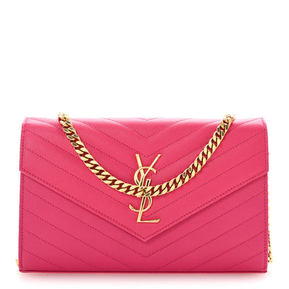 Saint Laurent Grain De Poudre Matelasse Chevron Monogram Chain Wallet Lipstick Fuchsia 1 of 10