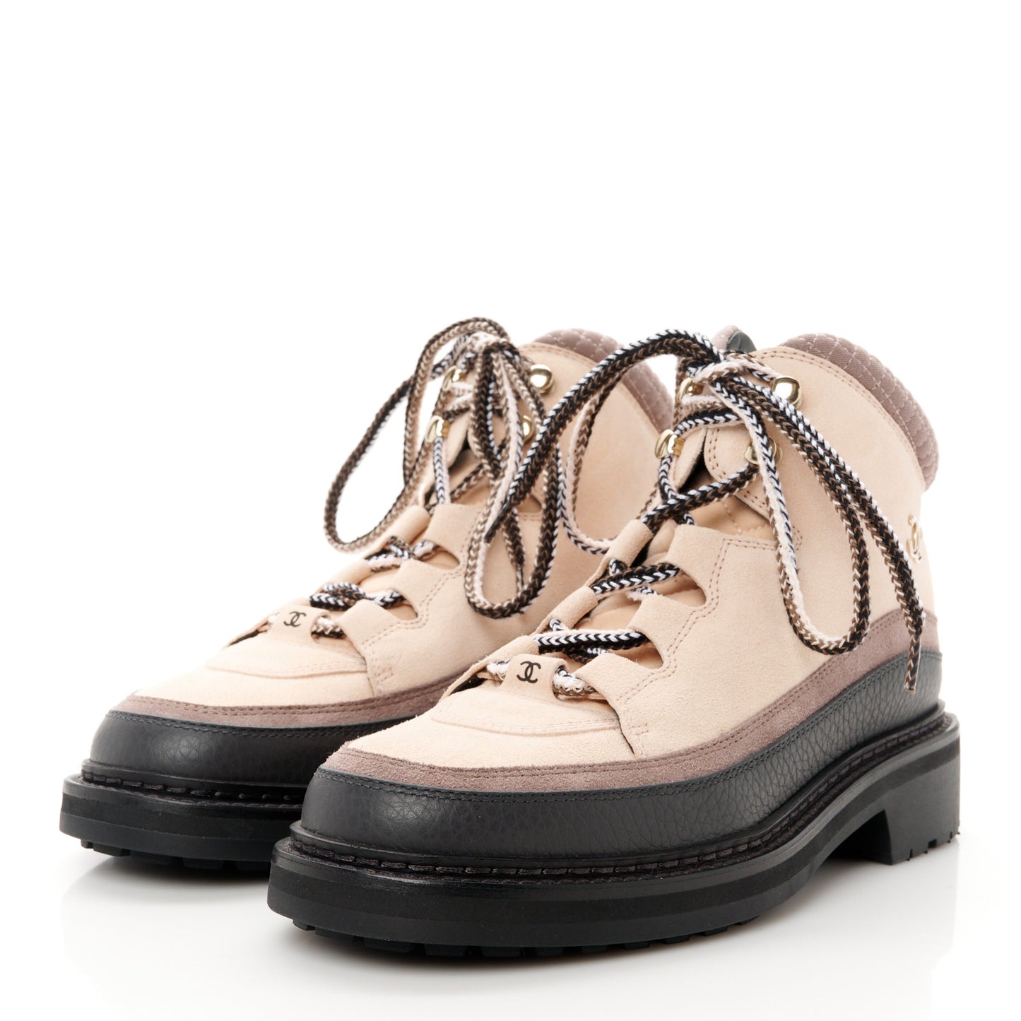 Suede Grained Calfskin CC Lace Up Boots 39 Light Pink Light Brown Dark Grey