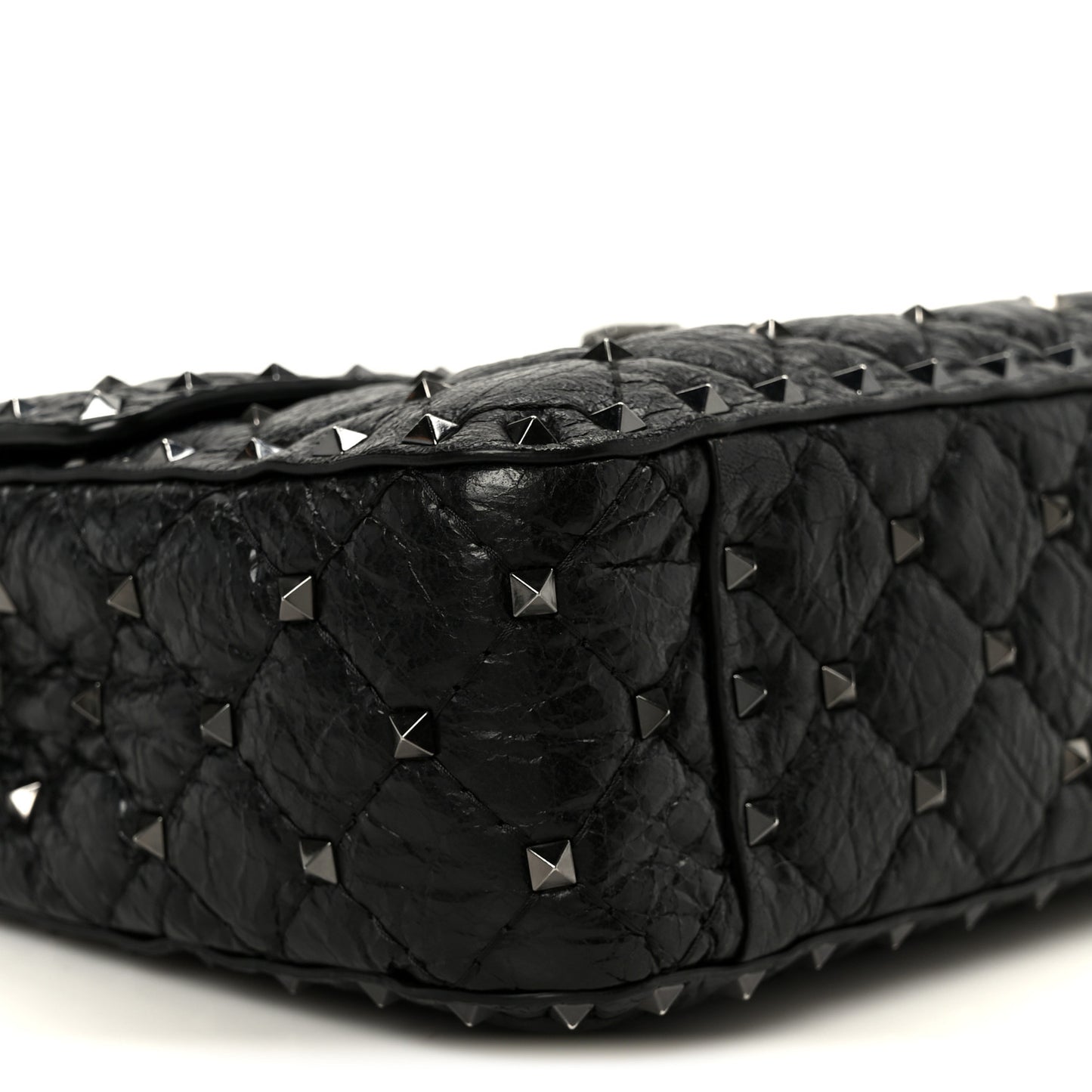 Craquele Nappa Medium Rockstud Spike Shoulder Bag Black