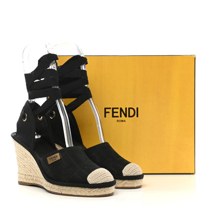 Fendi Canvas FF Embroidered Roma Ankle Wrap Wedge Espadrilles 36 Black 10 of 10
