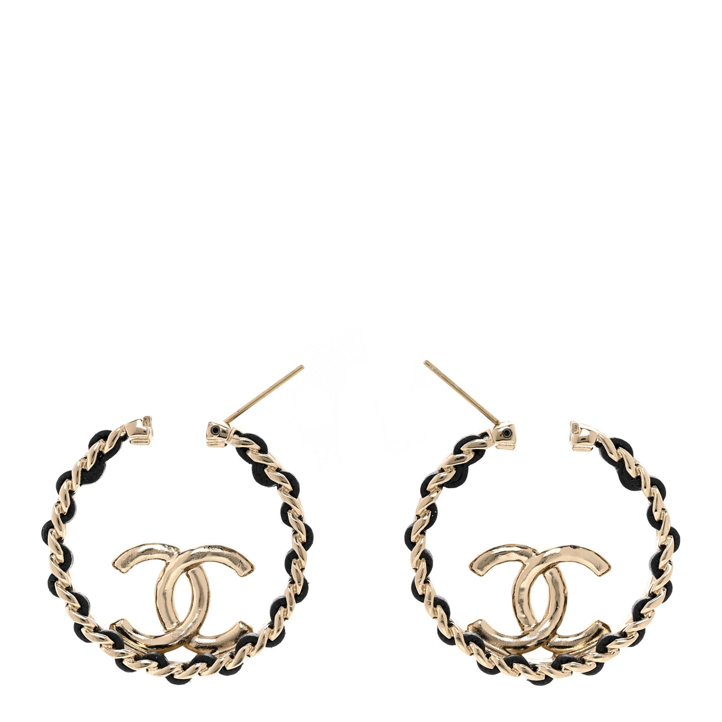 Lambskin CC Chain Hoop Earrings Black Gold