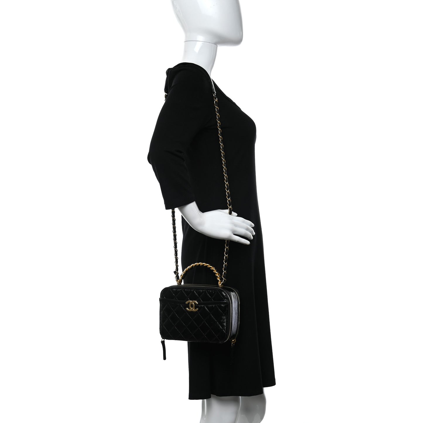 Crumpled Lambskin Quilted Get Round Top Handle Vanity Case Black