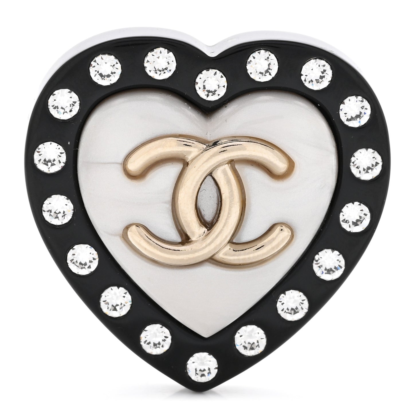 Crystal Pearl CC Heart Brooch Gold Black White