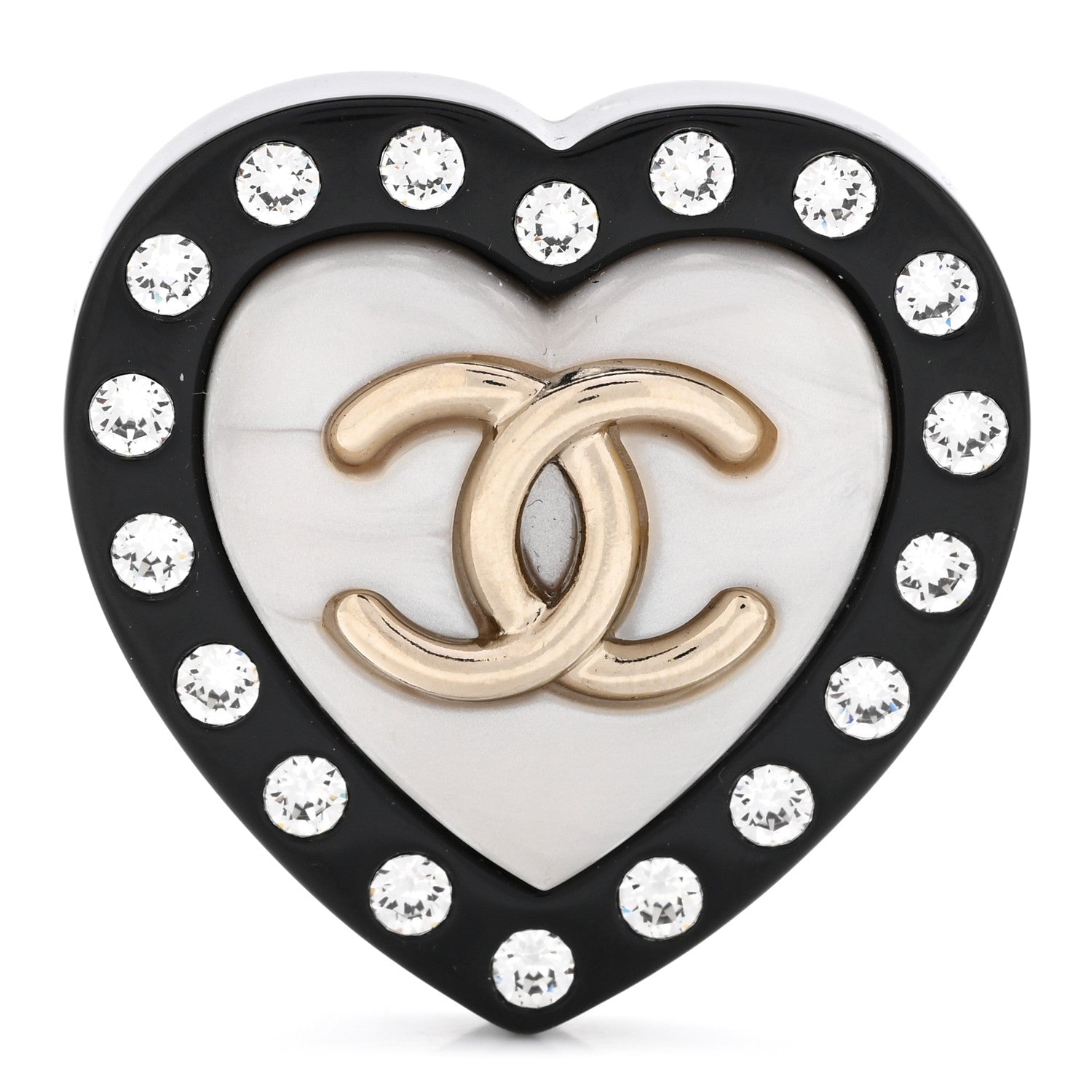 Chanel Crystal Pearl CC Heart Brooch Gold Black White 1 of 6