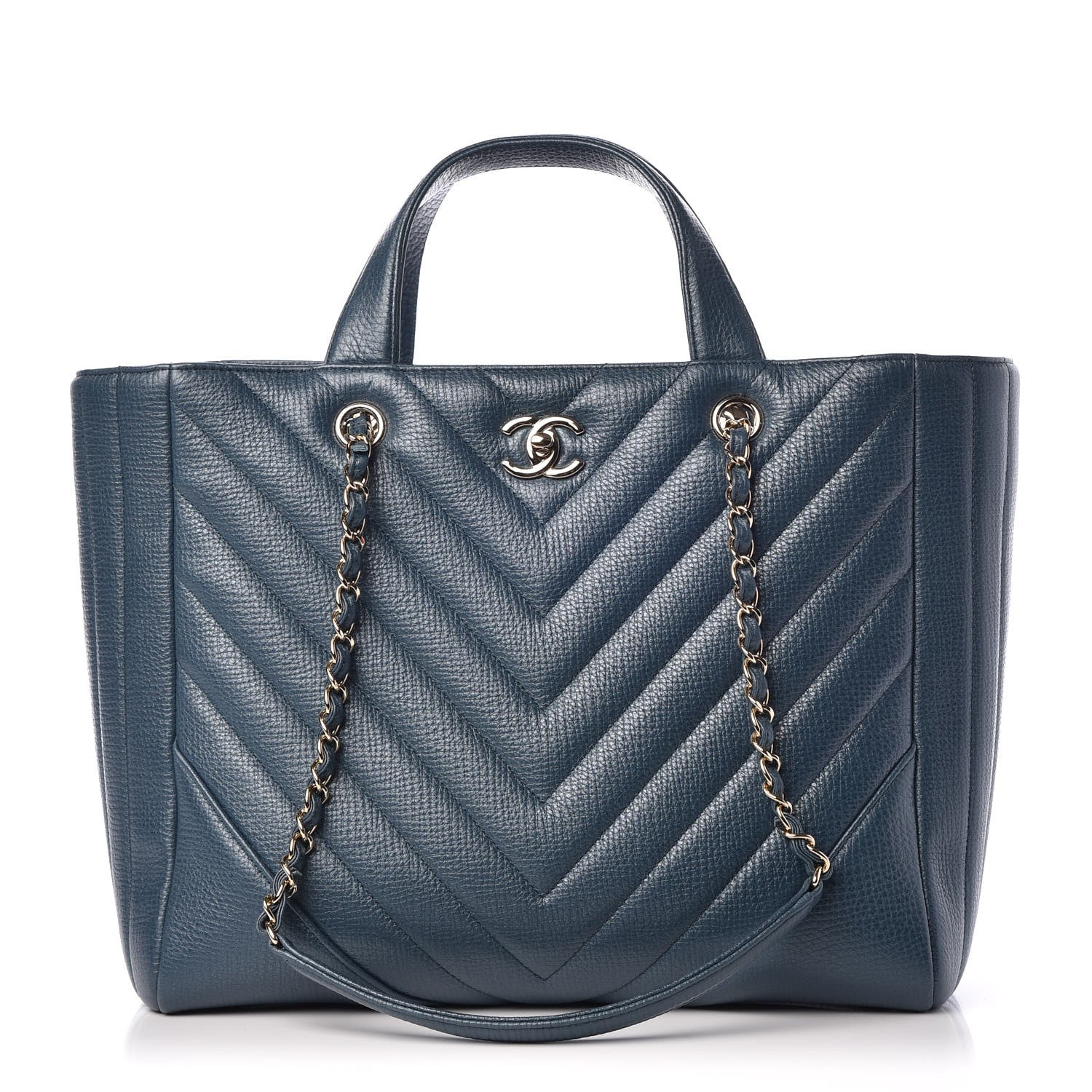 Chanel Metallic Calfskin Chevron Quilted Statement Shopping Bag Blue 1 of 8