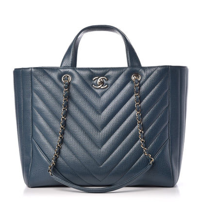 Chanel Metallic Calfskin Chevron Quilted Statement Shopping Bag Blue 1 of 8