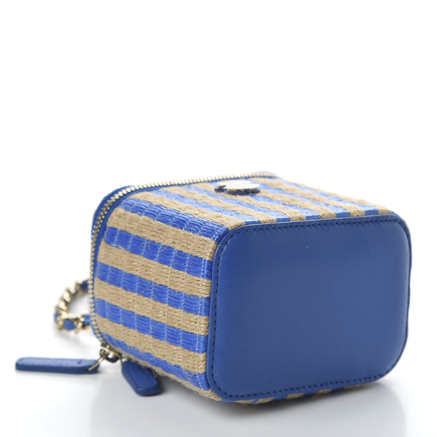 Raffia Jute Striped Mini Vanity Case With Chain Blue Beige