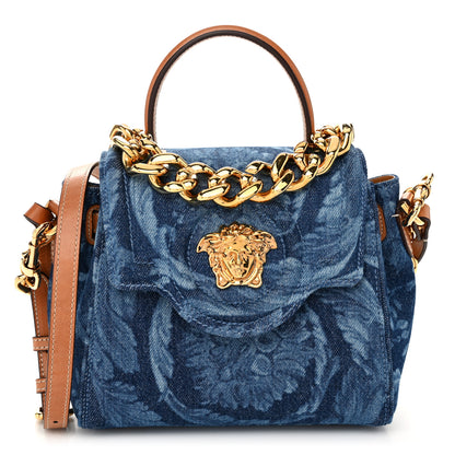 Versace Denim Barocco Small La Medusa Chain Top Handle Handbag Blue Camel 1 of 12