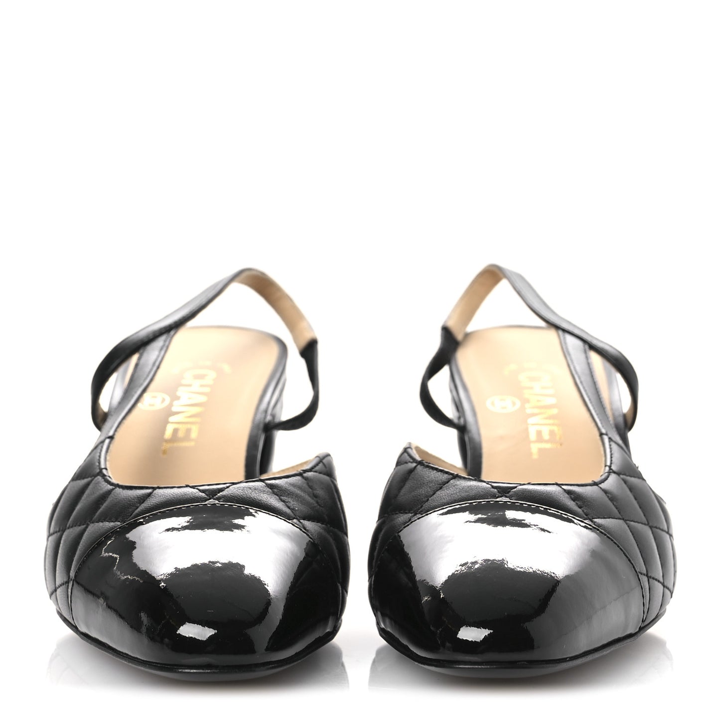 Lambskin Patent Calfskin Quilted Cap Toe CC Slingback Pumps 38 Black