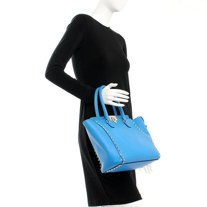 Valentino Garavani Vitello Rockstud Double Handle Tote Blue Fluo 3 of 9