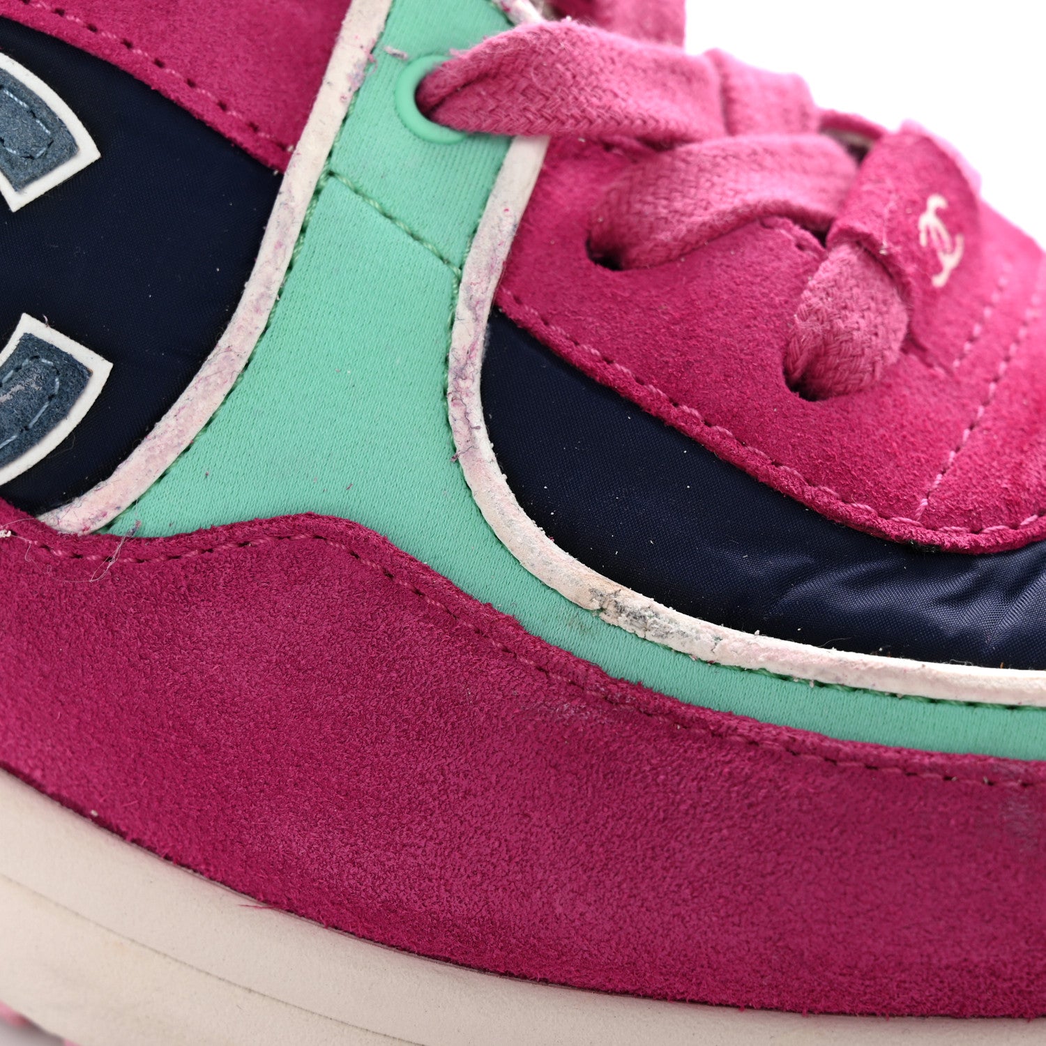 Chanel Nylon Calfskin Suede CC Sneakers 39.5 Pink Green 11 of 17