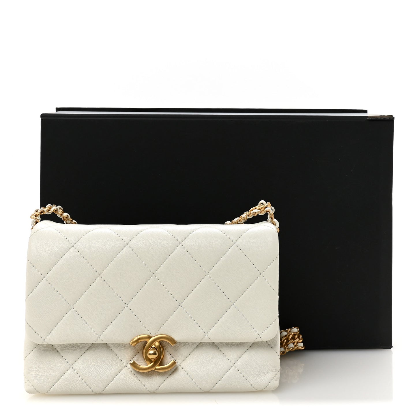 Lambskin Quilted Small CC Crystal Logo Chain Flap White