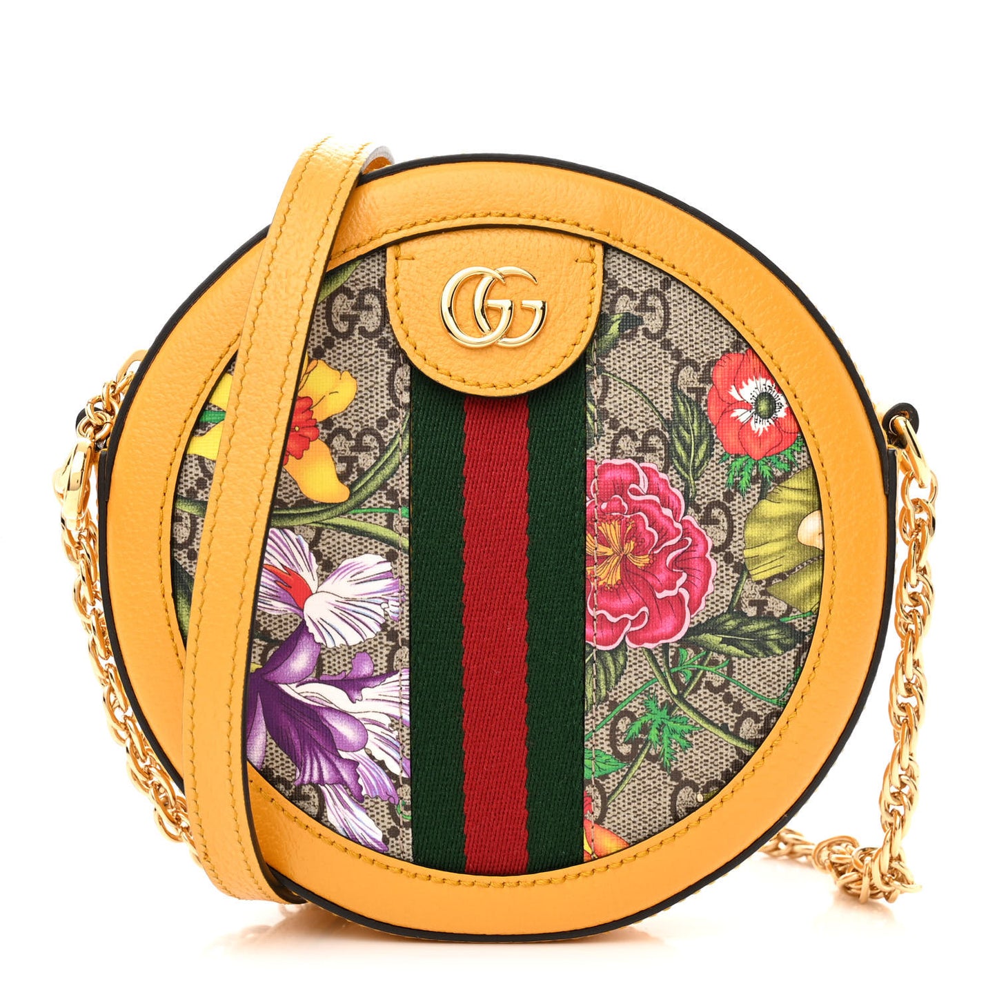 GG Supreme Monogram Flora Web Mini Ophidia Round Shoulder Bag Beige Multicolor Crop