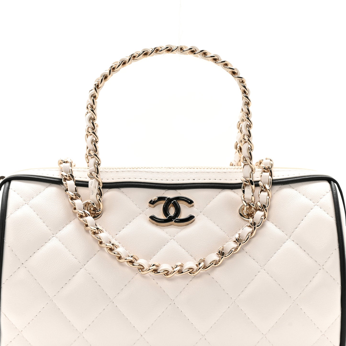 Lambskin Quilted Barrel Clutch With Chain White