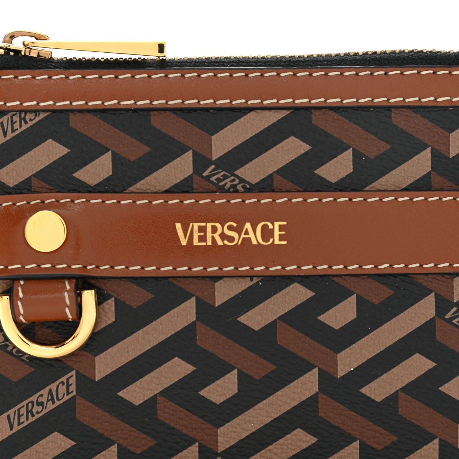 Versace Coated Canvas Calfskin La Greca Modular Zip Pouch Black Caramel 7 of 9