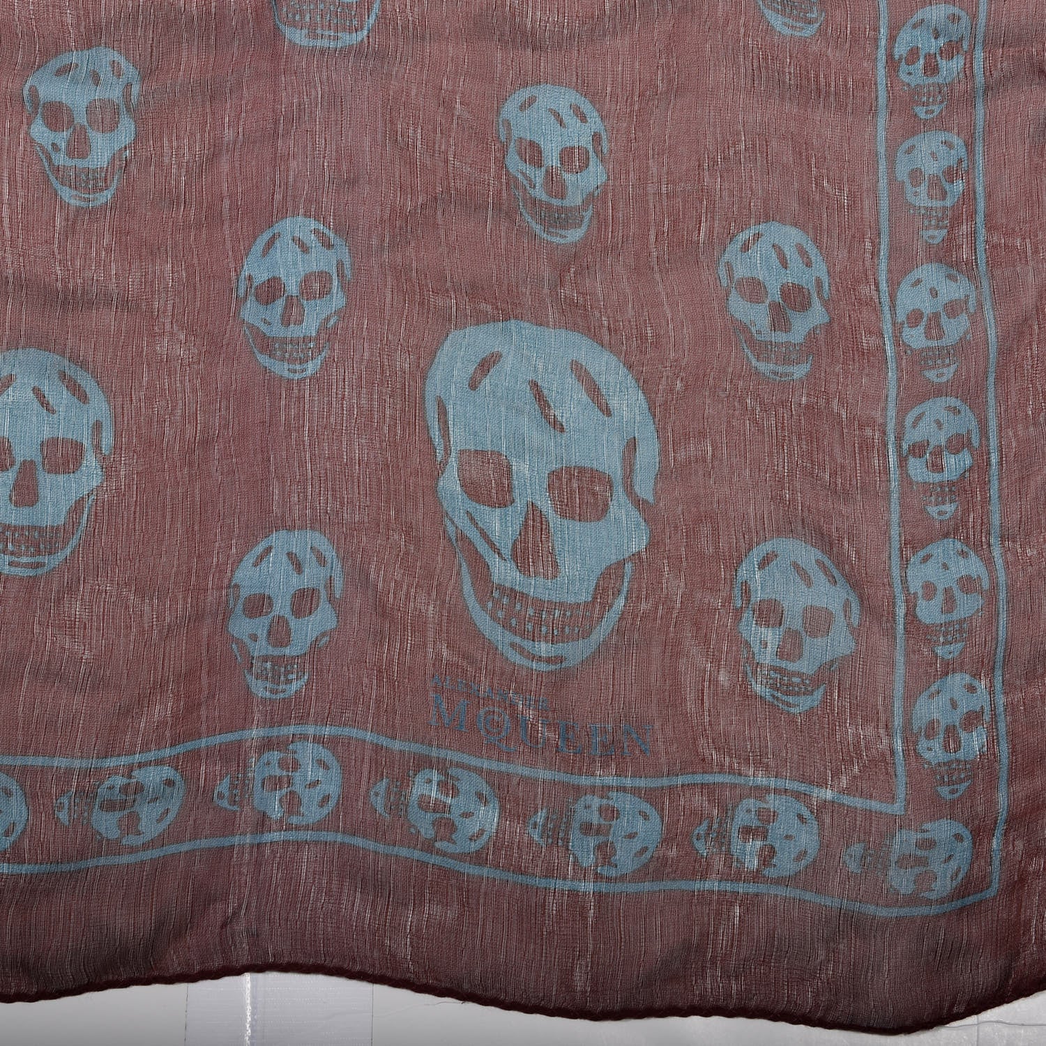 Alexander McQueen Silk Chiffon Skull Scarf Bordeaux Sky Blue 2 of 3