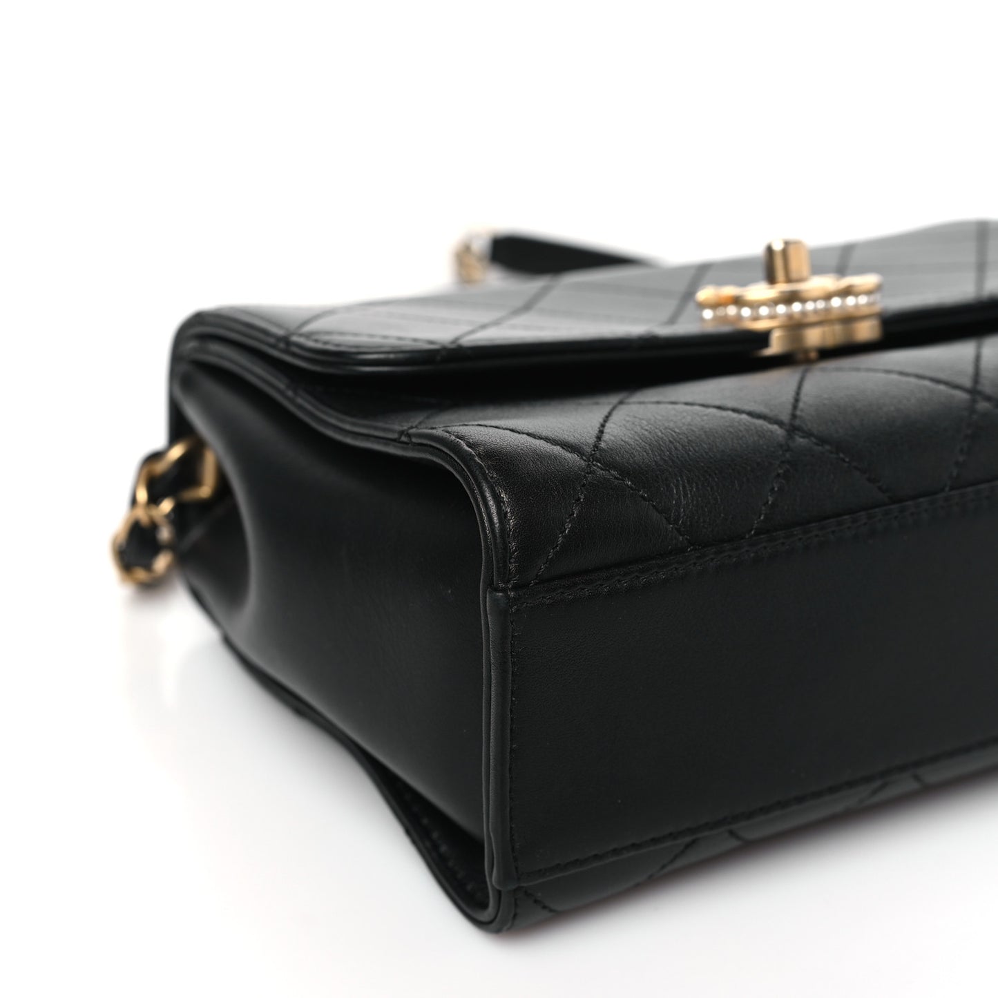 Lambskin Stitched Pearl Logo Top Handle Flap Black