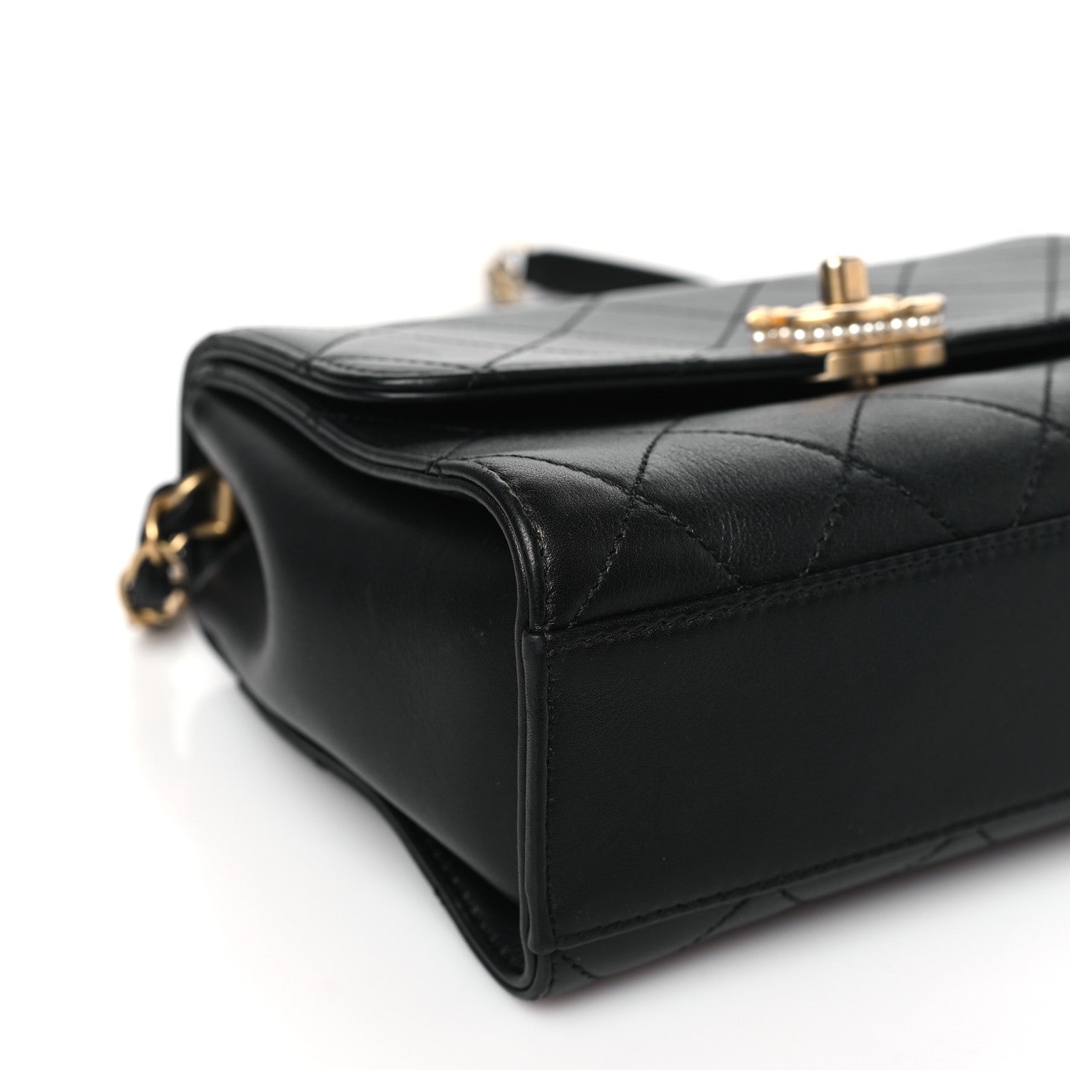 Chanel Lambskin Stitched Pearl Logo Top Handle Flap Black 8 of 10
