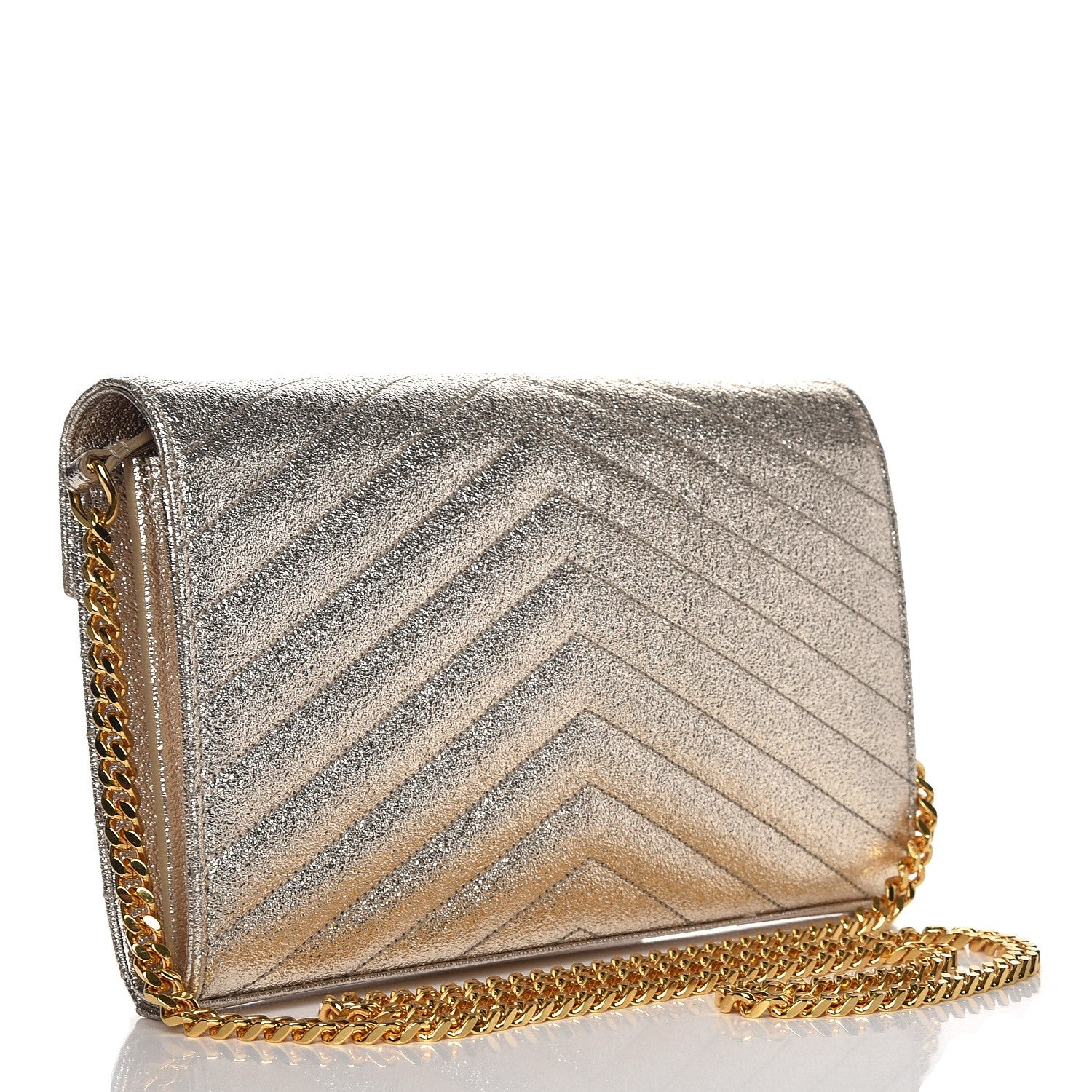 Saint Laurent Grain De Poudre Matelasse Chevron Monogram Chain Wallet Gold 3 of 7