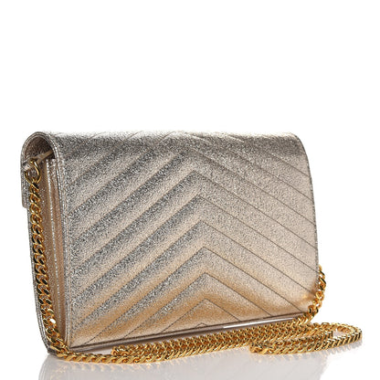 Saint Laurent Grain De Poudre Matelasse Chevron Monogram Chain Wallet Gold 3 of 7