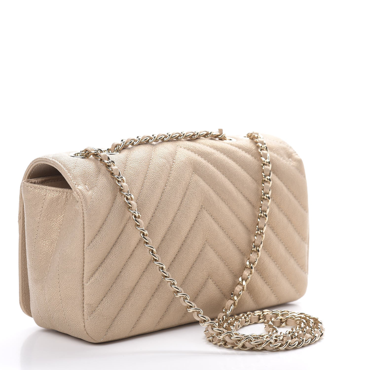 Chanel Metallic Caviar Chevron Quilted Medium Statement Flap Beige 3 of 12