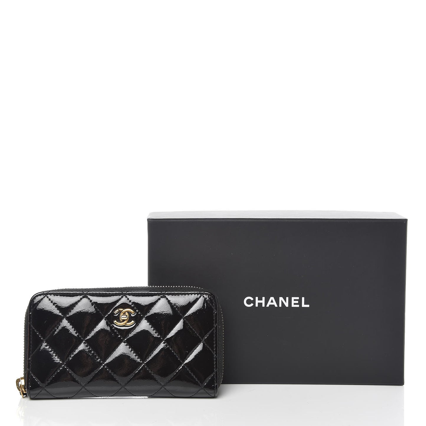 Patent Quilted Small Zip Around Wallet Black