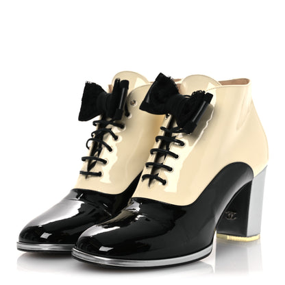Chanel Patent Calfskin CC Bow Lace Up Oxford Pumps 41 Beige Black 4 of 13