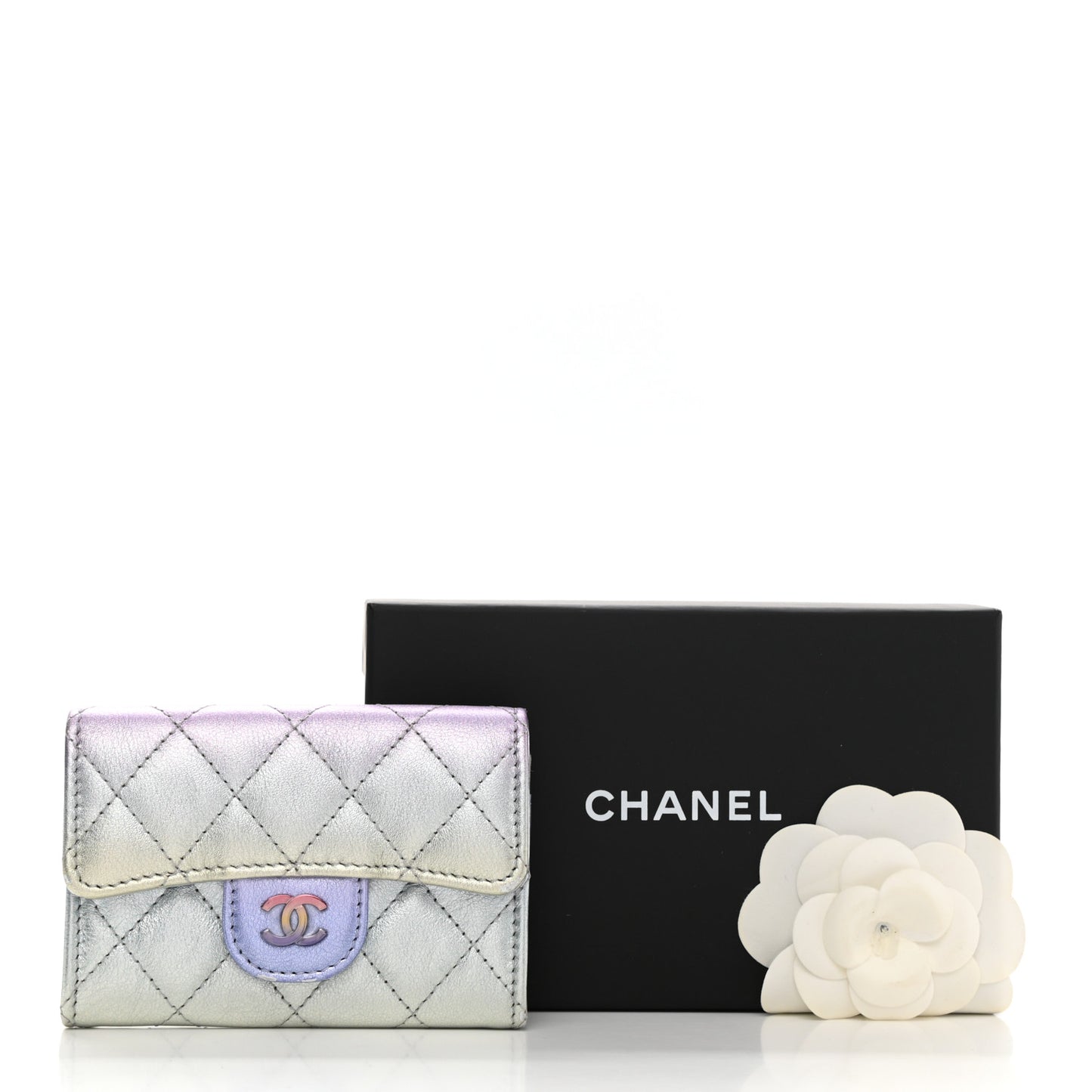 Gradient Metallic Calfskin Quilted Flap Card Holder Wallet Silver Blue Yellow Purple