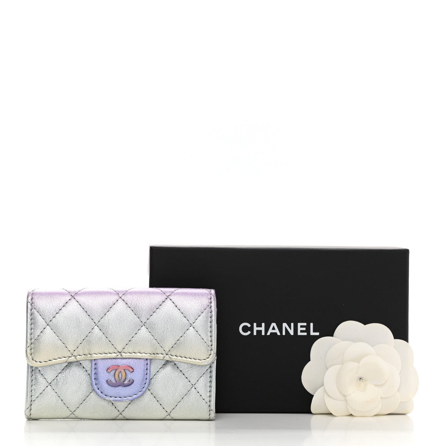 Chanel Gradient Metallic Calfskin Quilted Flap Card Holder Wallet Silver Blue Yellow Purple 9 of 9