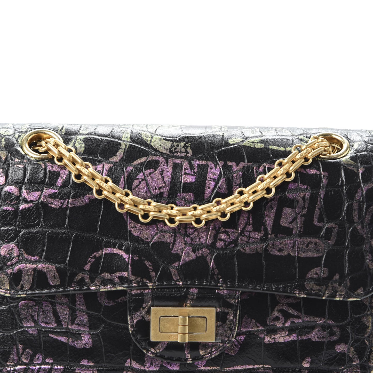 Calfskin Crocodile Embossed Graffiti 2.55 Mini Cocodile Reissue Flap Black Pink