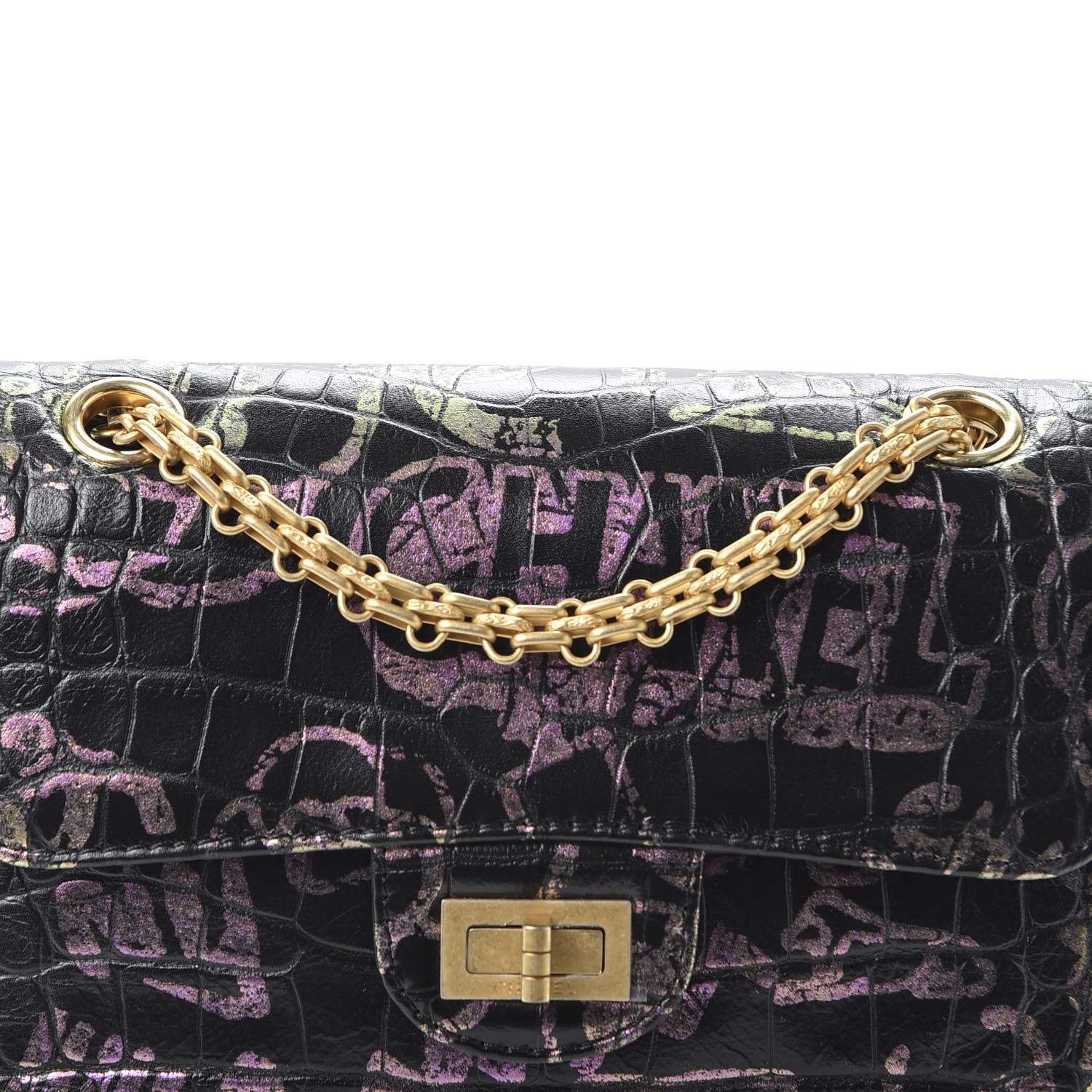 Chanel Calfskin Crocodile Embossed Graffiti 2.55 Mini Cocodile Reissue Flap Black Pink 9 of 9