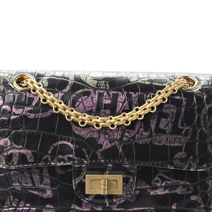 Chanel Calfskin Crocodile Embossed Graffiti 2.55 Mini Cocodile Reissue Flap Black Pink 9 of 9