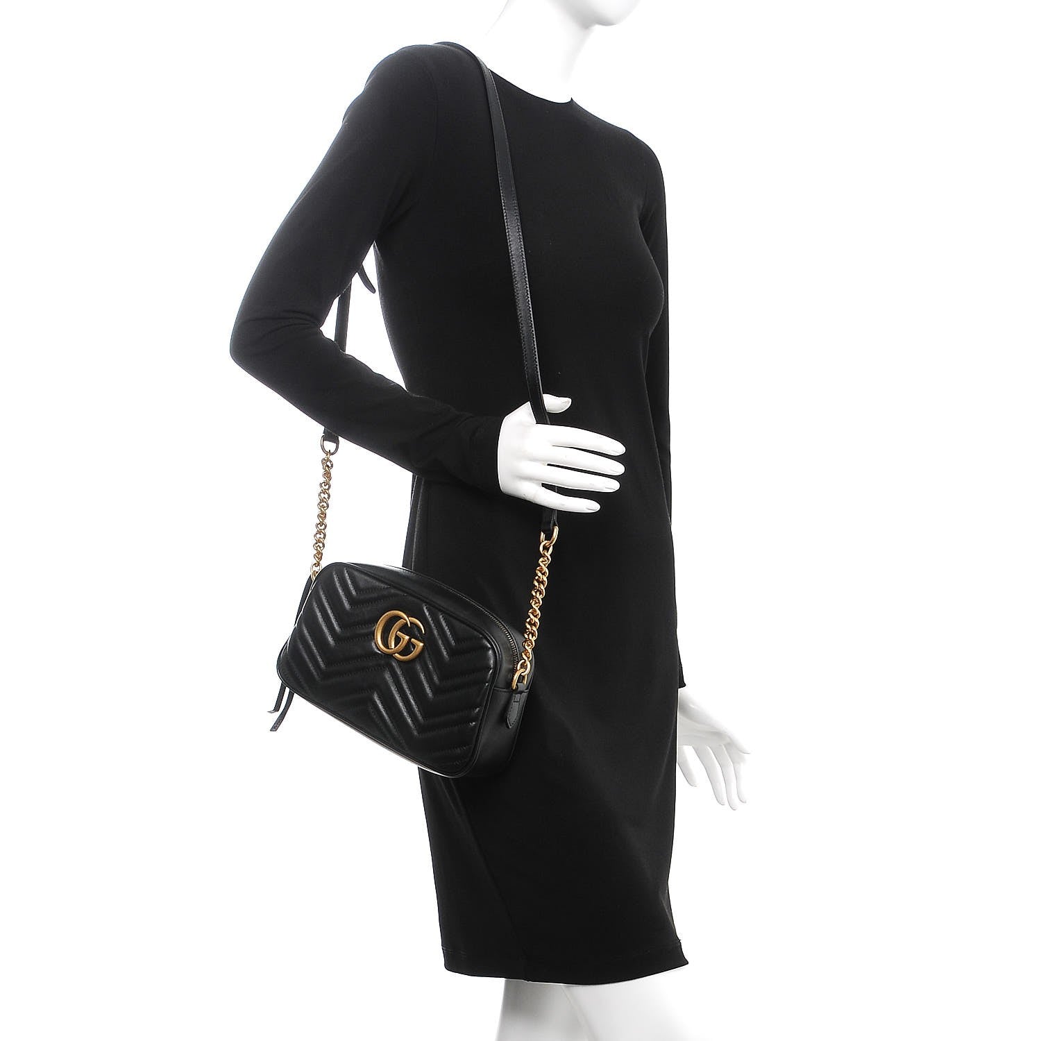 Gucci Calfskin Matelasse Small GG Marmont Chain Shoulder Bag Black 2 of 8
