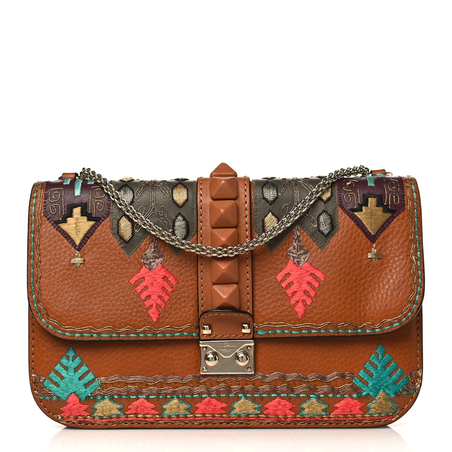 Pebbled Calfskin Embroidered Medium Glam Lock Rockstud Flap Brown
