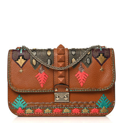 Valentino Garavani Pebbled Calfskin Embroidered Medium Glam Lock Rockstud Flap Brown 1 of 8