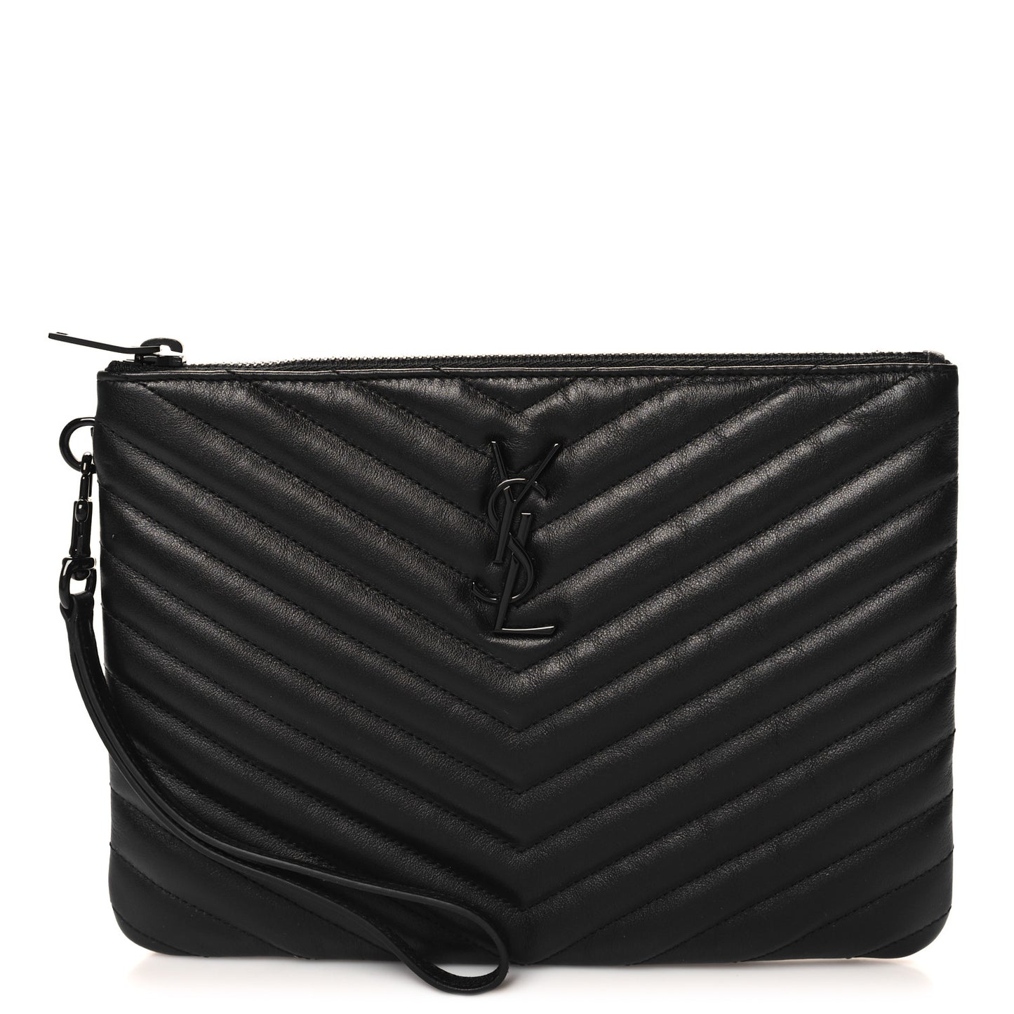 Lambskin Matelasse Chevron Monogram Monochrome A5 Wristlet Black