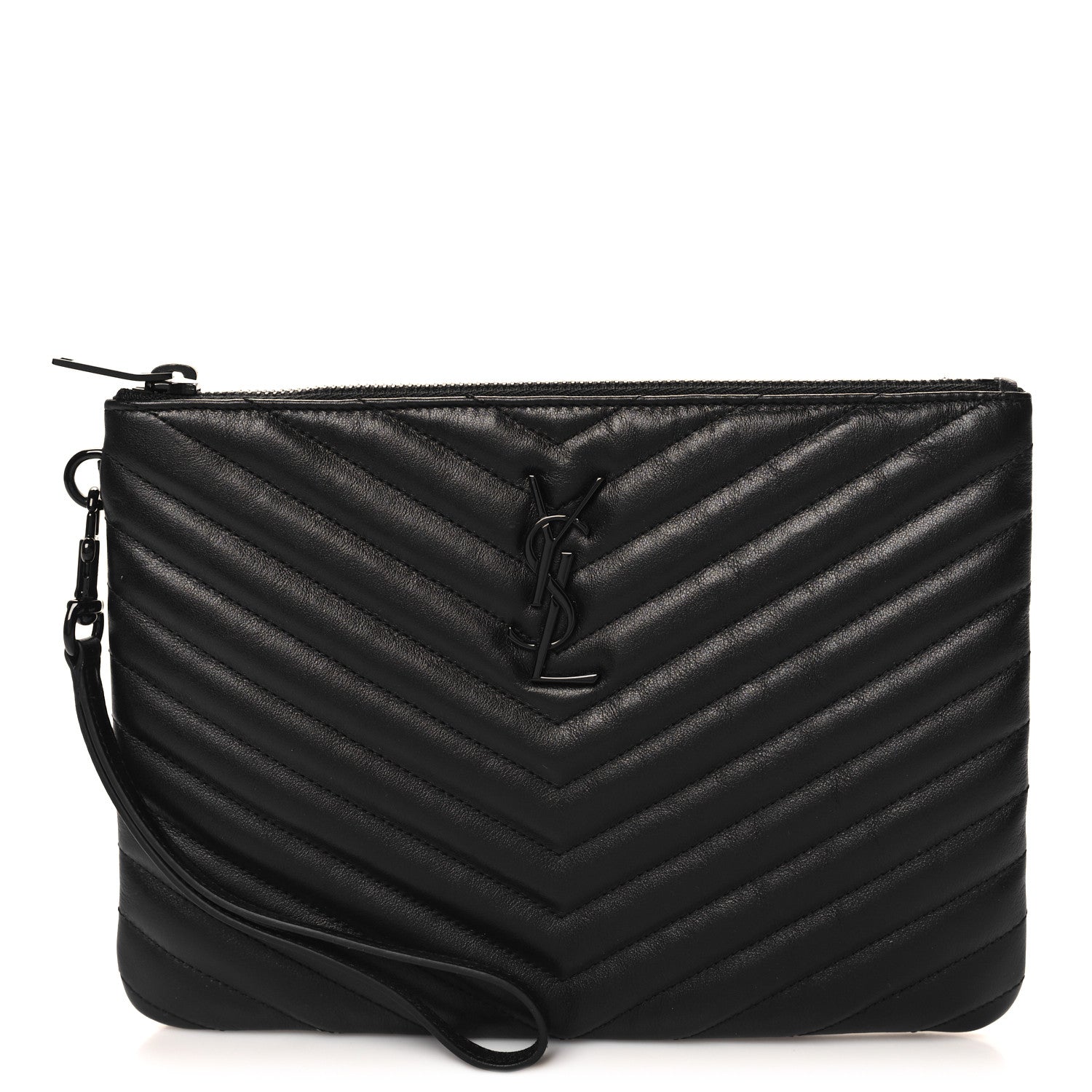 Saint Laurent Lambskin Matelasse Chevron Monogram Monochrome A5 Wristlet Black 1 of 11