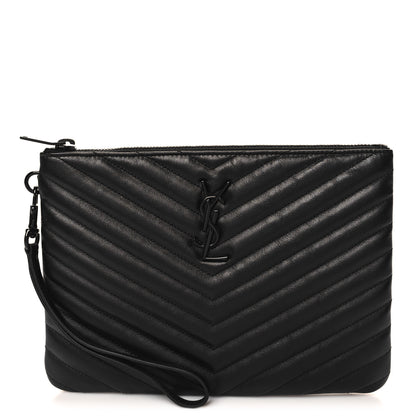 Saint Laurent Lambskin Matelasse Chevron Monogram Monochrome A5 Wristlet Black 1 of 11