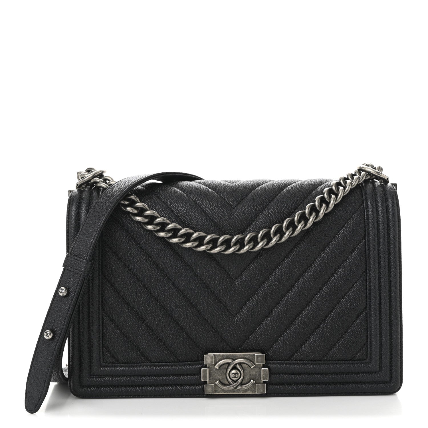 Chanel Caviar Chevron Quilted New Medium Boy Flap Dark Navy Blue 1 of 11
