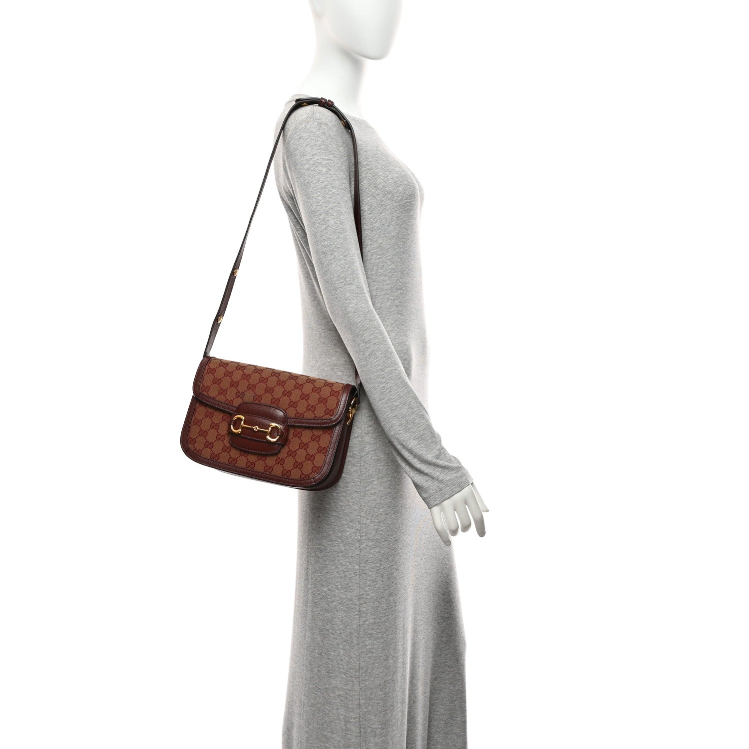 Gucci Monogram Textured Dollar Calfskin Horsebit 1955 Shoulder Bag Sahara Rubino Chardonnay 2 of 11