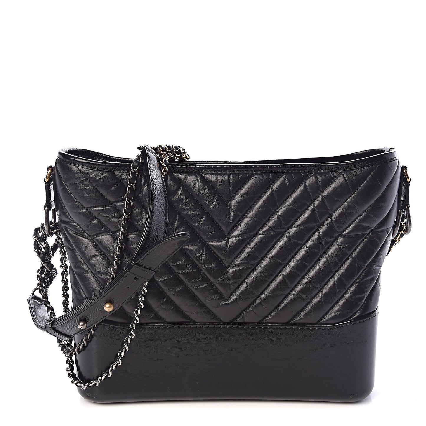 Aged Calfskin Chevron Quilted Medium Gabrielle Hobo Black
