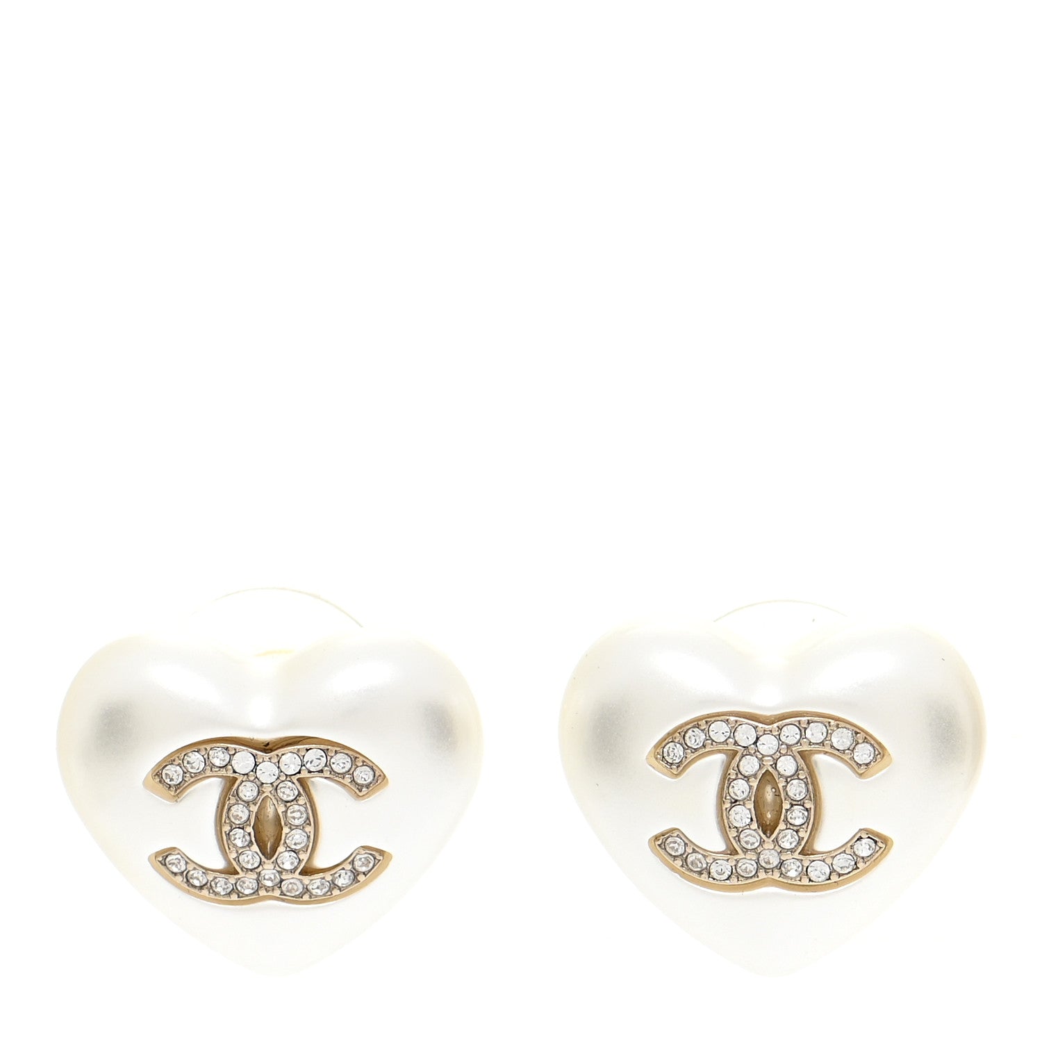 Chanel Pearl Crystal CC Heart Earrings Gold 1 of 4