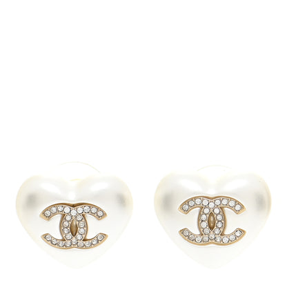 Chanel Pearl Crystal CC Heart Earrings Gold 1 of 4