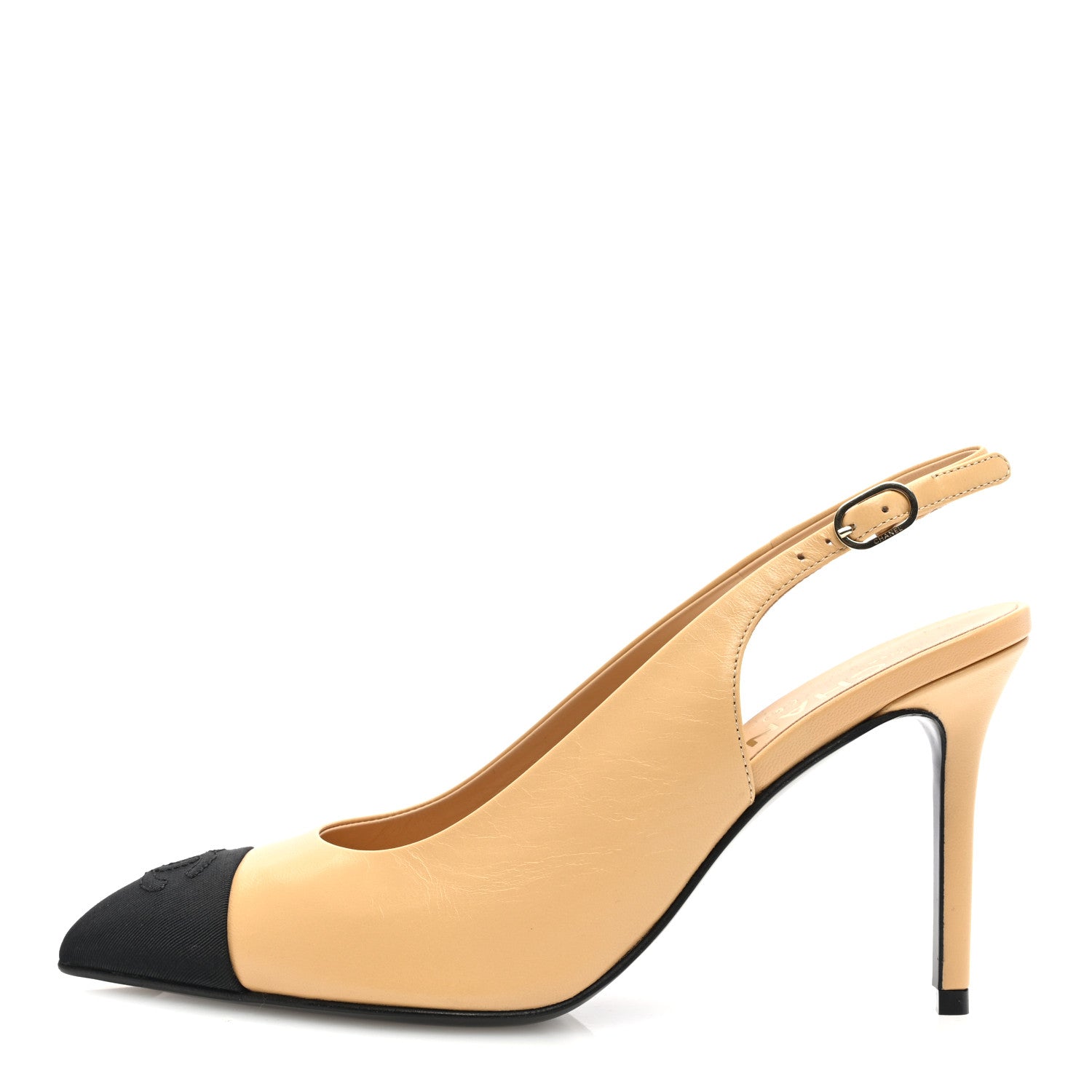 Chanel Goatskin Grosgrain Pointed Cap Toe CC Slingback Pumps 37.5 Beige Black 1 of 8