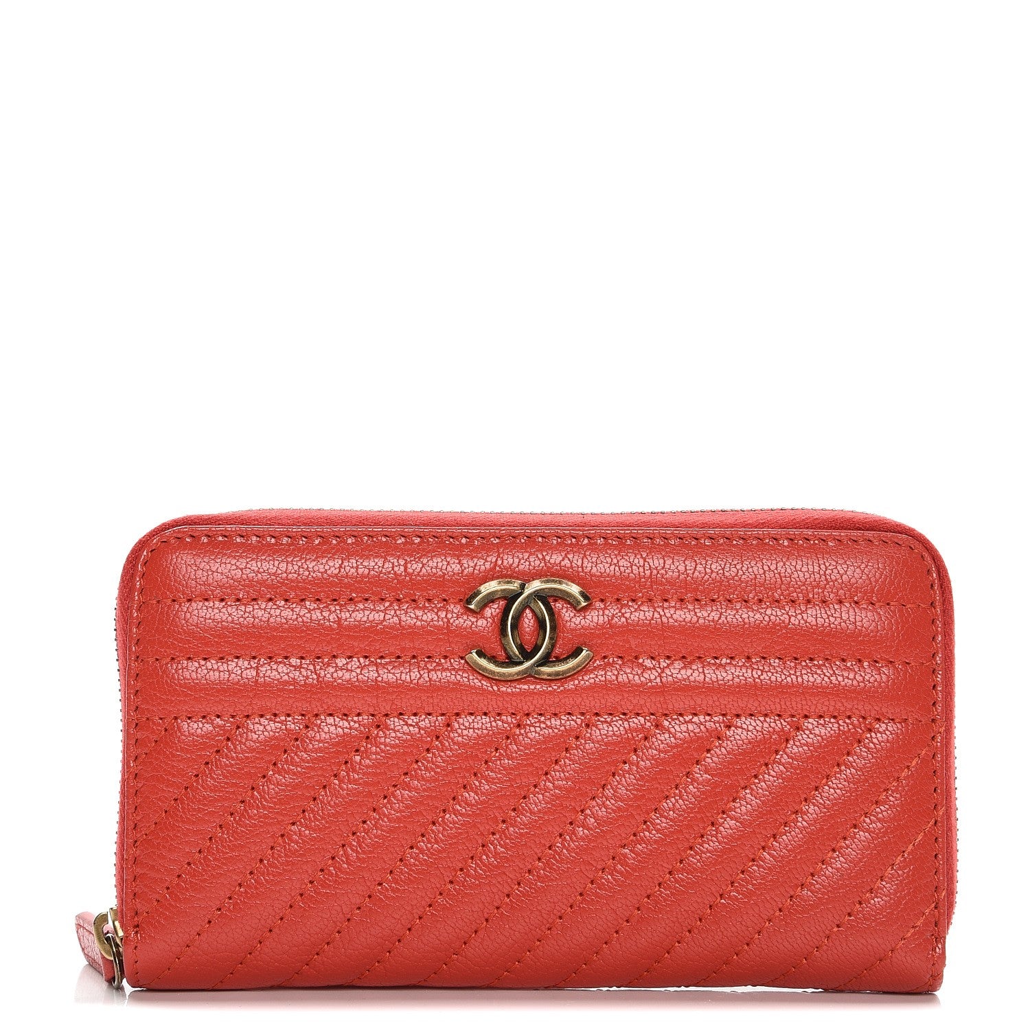 Chanel Shiny Goatskin Diagonal Quilted Small Zip Around Wallet Red 1 of 10